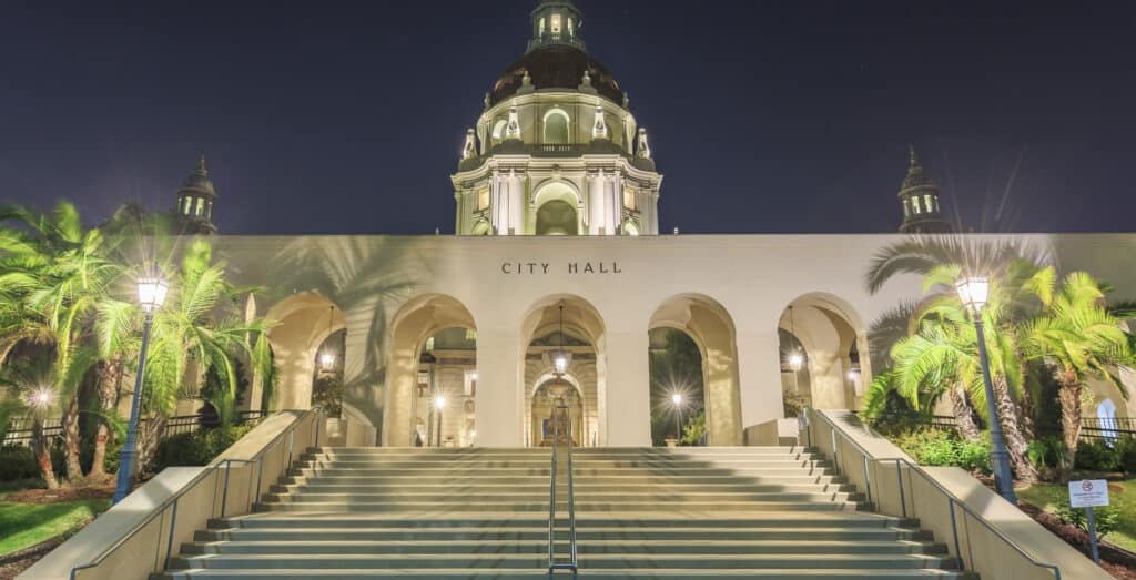 The image shows the rear entrance to the Pasadena City Hall building